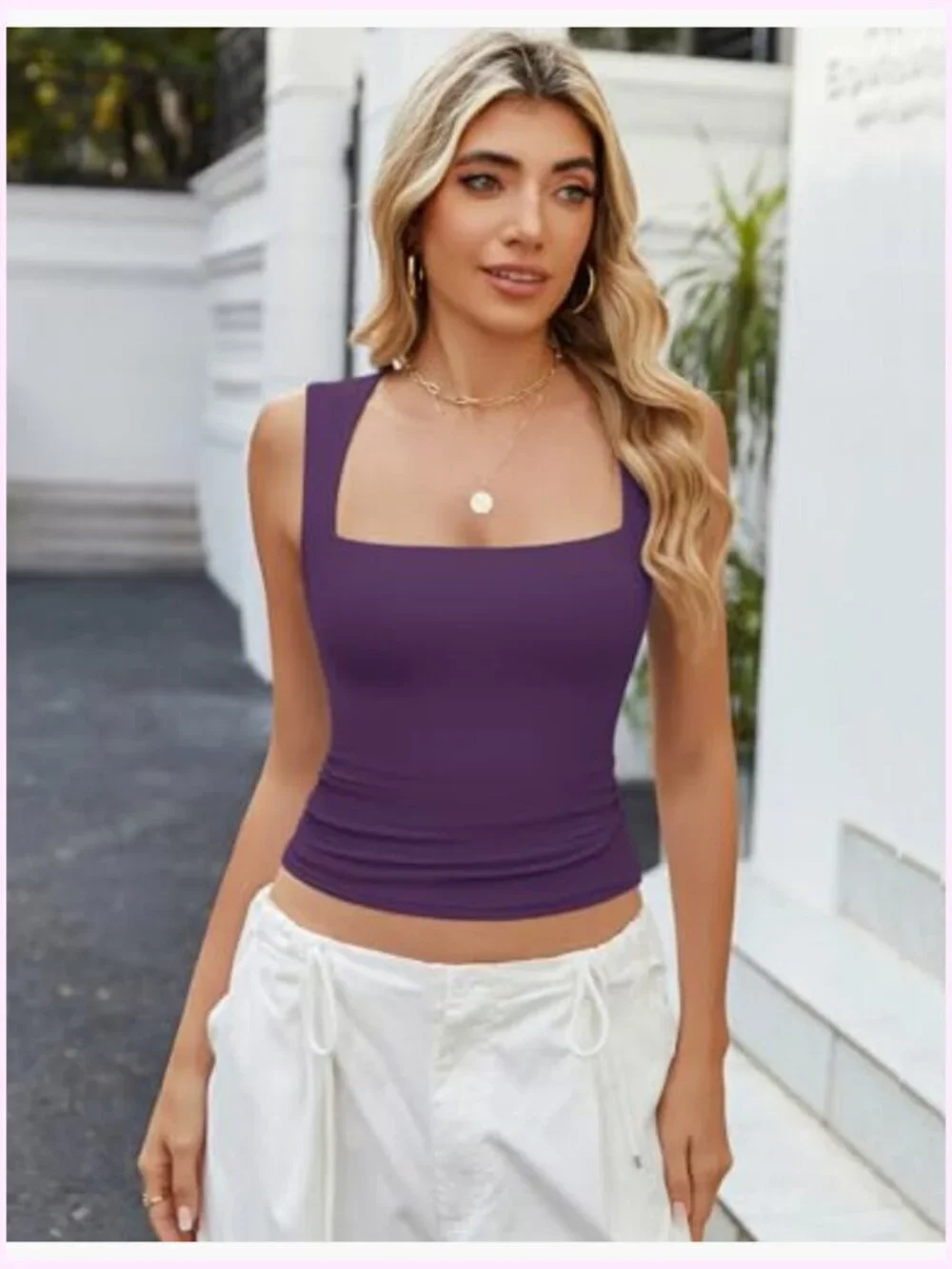 Square Neck Tank Top Double Lined Basic Crop Tops Going Out Shirt Slim Fit